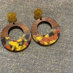Wooden Hoop Earrings with Yellow and Orange Accents, handmade